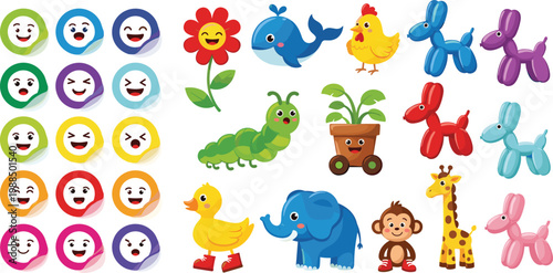 Cute Cartoon Icons and Animal Characters Collection with Emoji Faces Balloon Dogs Elephant Duck and Caterpillar Vector Illustration Set