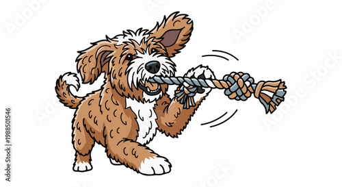 A cartoon dog enthusiastically plays tug-of-war with a rope toy