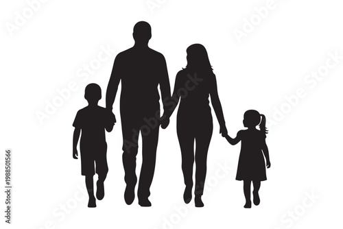 Minimalist parents with two children silhouette for family and love concept.