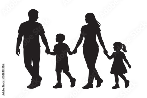 Minimalist parents with two children silhouette for family and love concept.