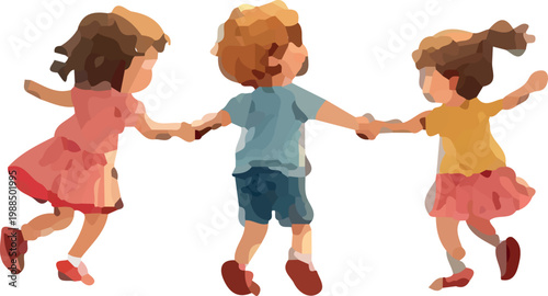 Happy children holding hands, kids playing together, friendship illustration, colorful cartoon kids