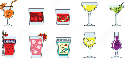 Classic Italian Aperitif and Modern Cocktail Vector Icon Set Featuring Negroni, Americano, Campari Soda, Martini, Gin and Tonic, and Mixed Summer Drinks for Bar Menus