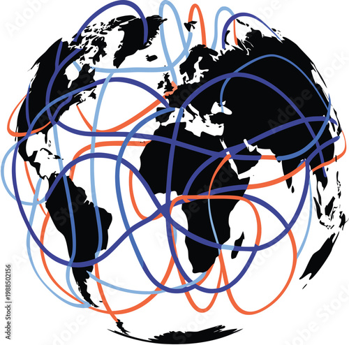 Global communication world map and globe vector illustration with colorful abstract circular lines and seamless creative design pattern