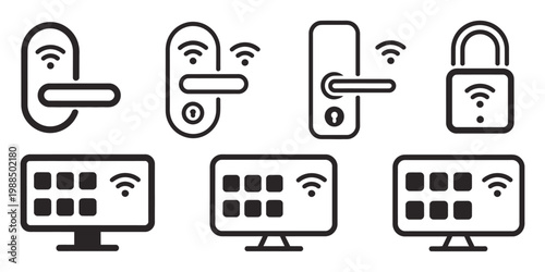 Smart door lock digital security access control icons vector illustration EPS 10, biometric keypad smart home security system flat and line design