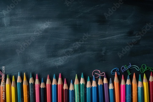 Supplies for school border on black chalkboard, panorama