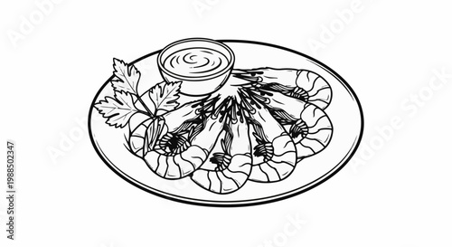 Plate of cooked shrimp with a side of dipping sauce and parsley