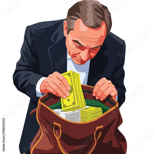 A middle-aged man in a suit places a stack of money into a leather briefcase
