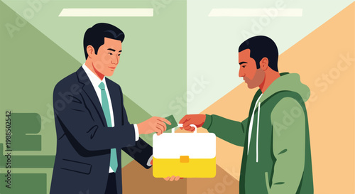A man in a suit hands a document to another man holding a yellow briefcase