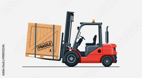 A side view of a red forklift carrying a large wooden crate labeled fragile