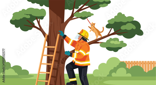 A firefighter climbs a ladder to rescue a small scared cat from a large tree