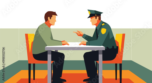 An officer in uniform interrogates a man sitting across a table in an office