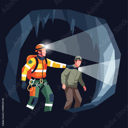 Two speleologists explore a dark cave using headlamps to illuminate the path