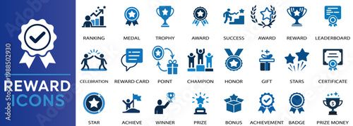 Reward Icon Set Vector Illustration, Solid Icons Collection Including Award, Prize, Medal, Gift, Trophy, Badge, Points, Achievement, and Certificate Symbols for Success Design