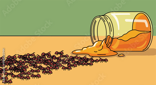 A cartoon illustration of a swarm of ants crawling toward a spilled jar of honey