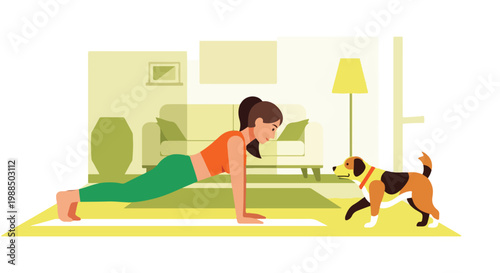 A young woman performs a plank exercise on a mat while her pet dog watches on