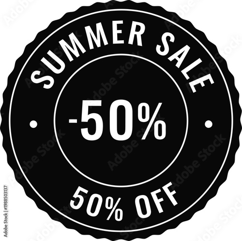 Black round badge for summer sale with fifty percent off text