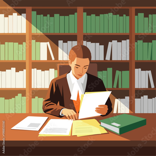 Lawyer at a desk reviewing legal documents in a library with bookshelf background