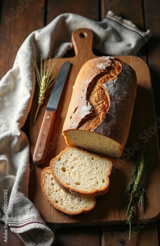 Freshly baked loaf sliced on wooden board. Crusty bread with soft interior, served with wheat stalks and knife. Perfect for breakfast, baking, and food blogs.