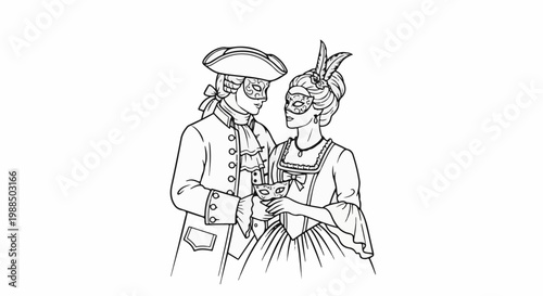 Couple in historical dress and masks at a masquerade