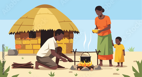 An African family prepares a meal over a campfire in front of a thatched hut