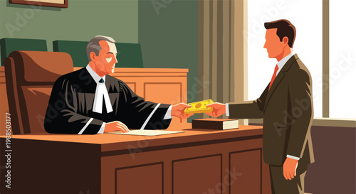 A lawyer hands a stack of cash to a judge sitting behind a wooden courtroom desk