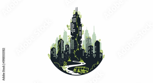 Overgrown city silhouette with a winding path and a lost vehicle