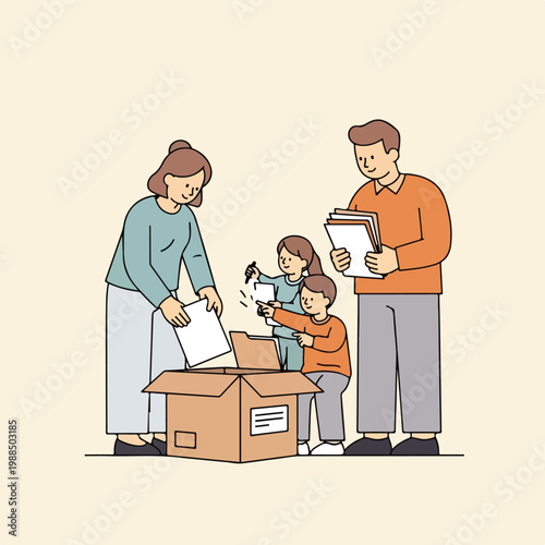 A happy family packing papers and files into a cardboard box for moving house