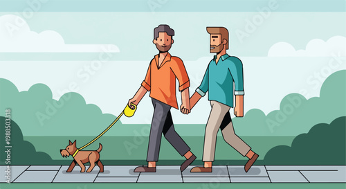A gay couple holding hands while walking a small brown dog in a park setting