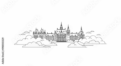 Ornate building with multiple towers rises majestically above fluffy white clouds