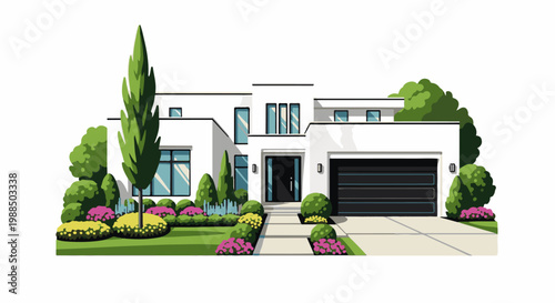 Modern white residence with manicured landscaping and garage