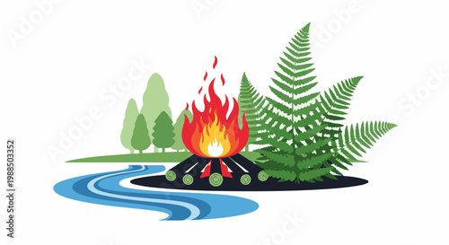 Camping scene with a campfire by a winding river and lush ferns