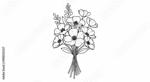 Delicate line drawing of a bouquet of blooming flowers and buds