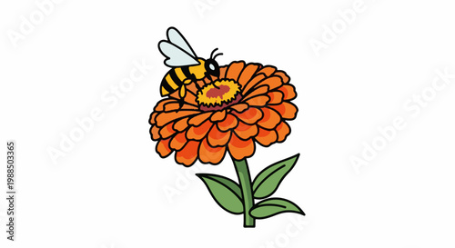 Cartoon bee collecting nectar from a vibrant orange flower with green leaves