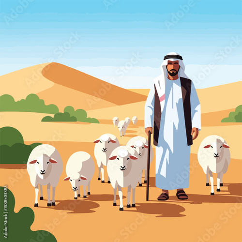 An Arab shepherd walks through a desert landscape with his flock of white sheep