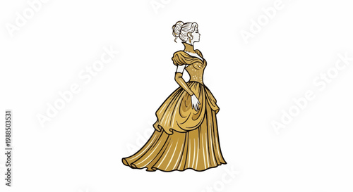Elegant woman in a golden ball gown, depicted from the side