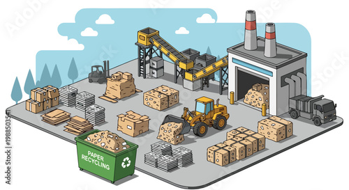 Isometric illustration of a paper recycling plant with machinery and cargo