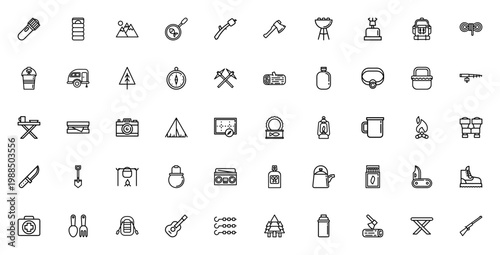Camping icon set. Outdoor vector collection. Includes tent, backpack, campfire, compass, axe, sleeping bag, barbecue, first aid kit, guitar and more. Editable stroke.