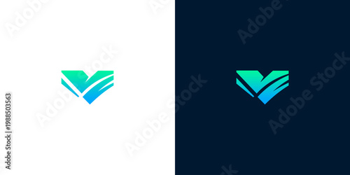 Abstract V-shaped logo design with gradient colors on white and dark backgrounds representing growth and progress