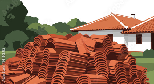A large pile of orange clay roof tiles stacked in front of a rustic villa house