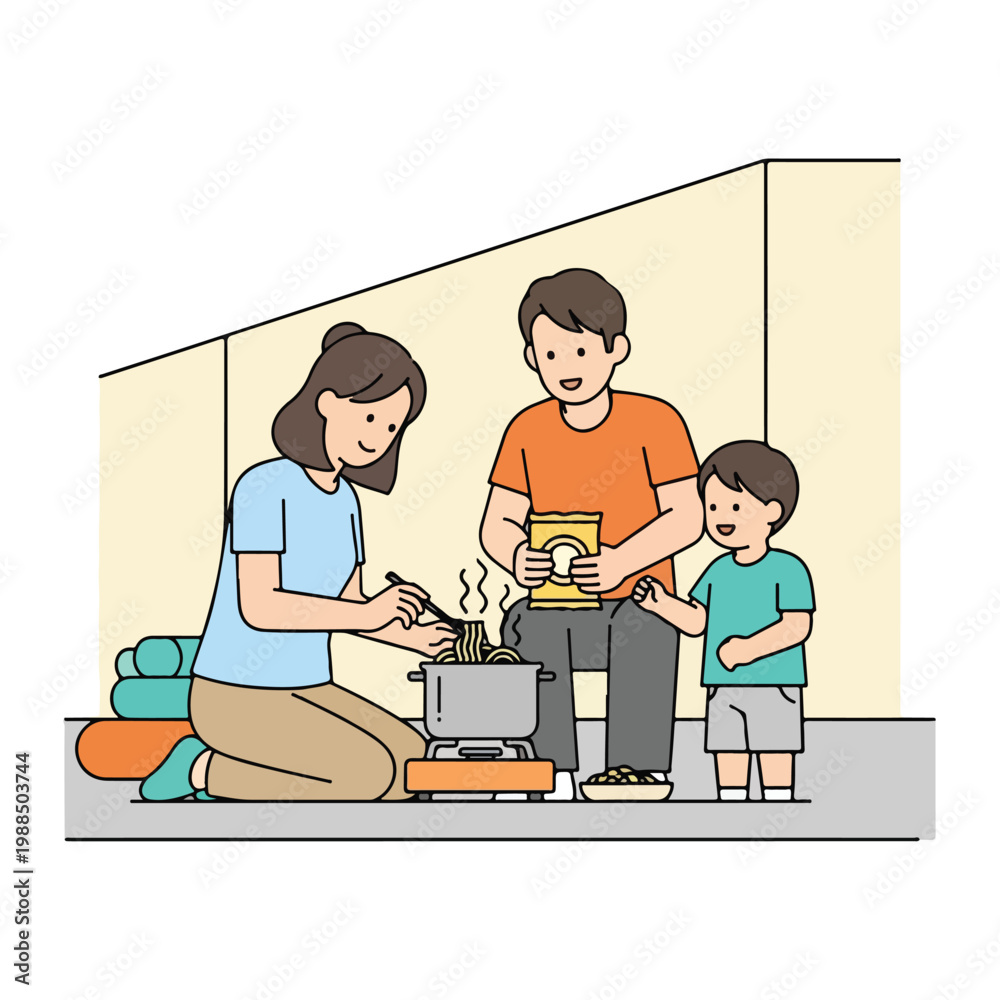 Fototapeta premium A happy family cooking noodles together on a portable stove indoors