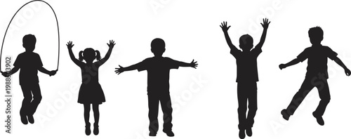 Children silhouette illustration, playful kids activity artwork, jumping rope design, dynamic motion figures