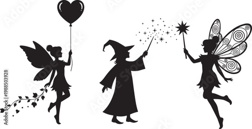 Fantasy fairy and wizard silhouettes with magical wands, heart balloon, sparkling stars, whimsical vine, enchanted wings, flat vector illustration
