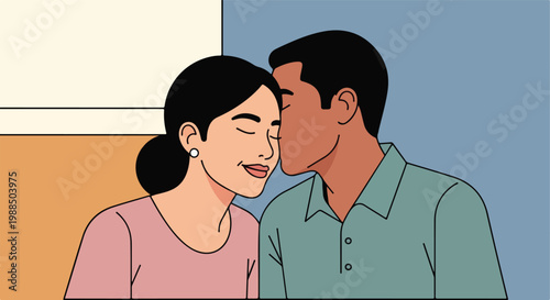 A man gently kisses a woman on the forehead with both smiling and eyes closed