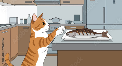 An orange and white tabby cat reaches for a fresh fish on a kitchen counter