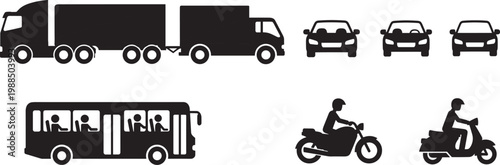 Flat vector illustration of road transportation silhouettes, truck, bus, car, motorcycle, scooter icons, vehicle diversity design, travel mobility graphics