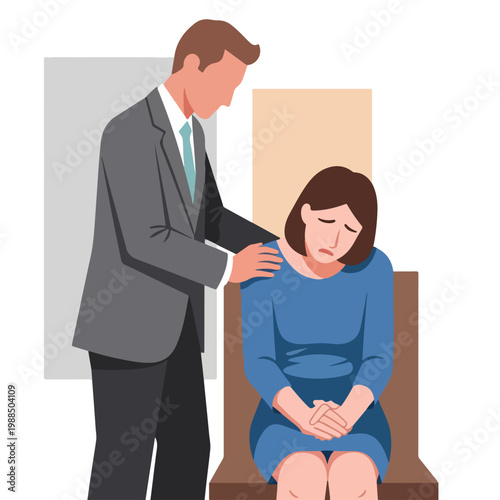 A man in a suit comforts a sad woman sitting down in a professional office