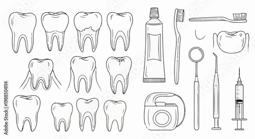 Line art dental care illustrations teeth, toothpaste, toothbrush, floss, mirror, scaler, syringe