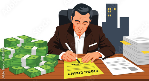 A businessman signs paperwork at a desk piled high with stacks of cash money