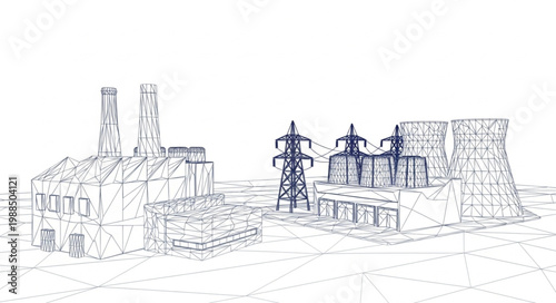 Industrial power plant with cooling towers and transmission lines.