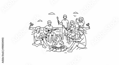 Friends enjoying a bonfire with music and roasted marshmallows by the sea